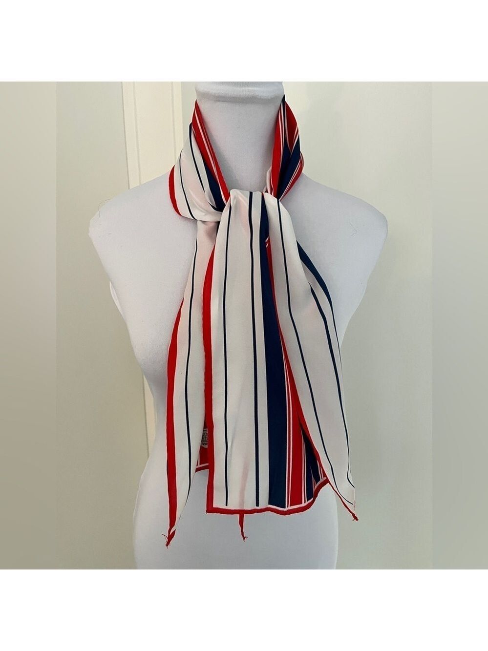 VERA Vintage Signed Oblong Scarf Made Japan Red White Blue Stripes Nautical Chic